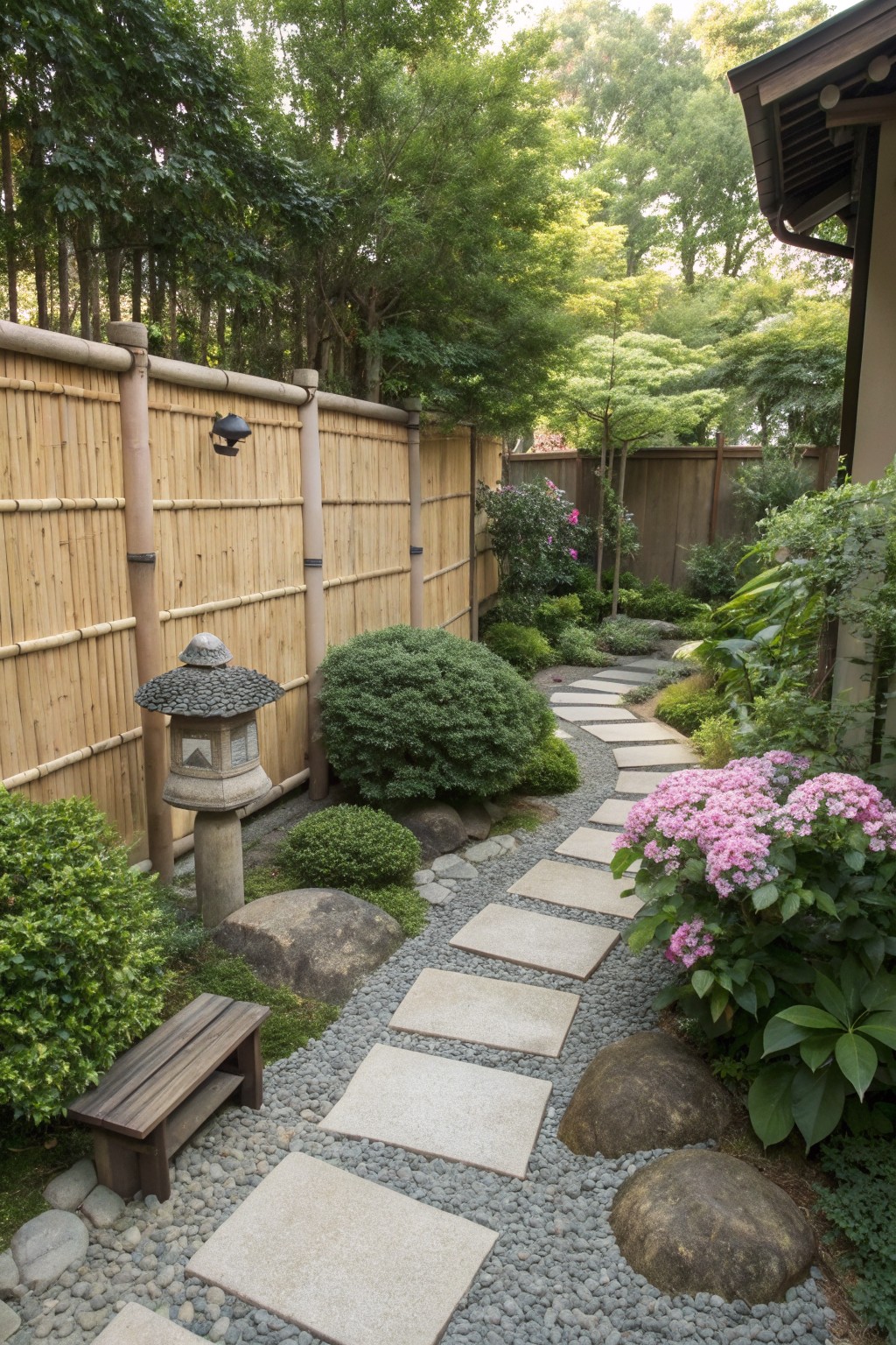 A narrow garden path of rectangular stone pavers set in gray gravel runs beside a tall bamboo fence, with shrubs, pink flowers, and a stone lantern along the edges.
