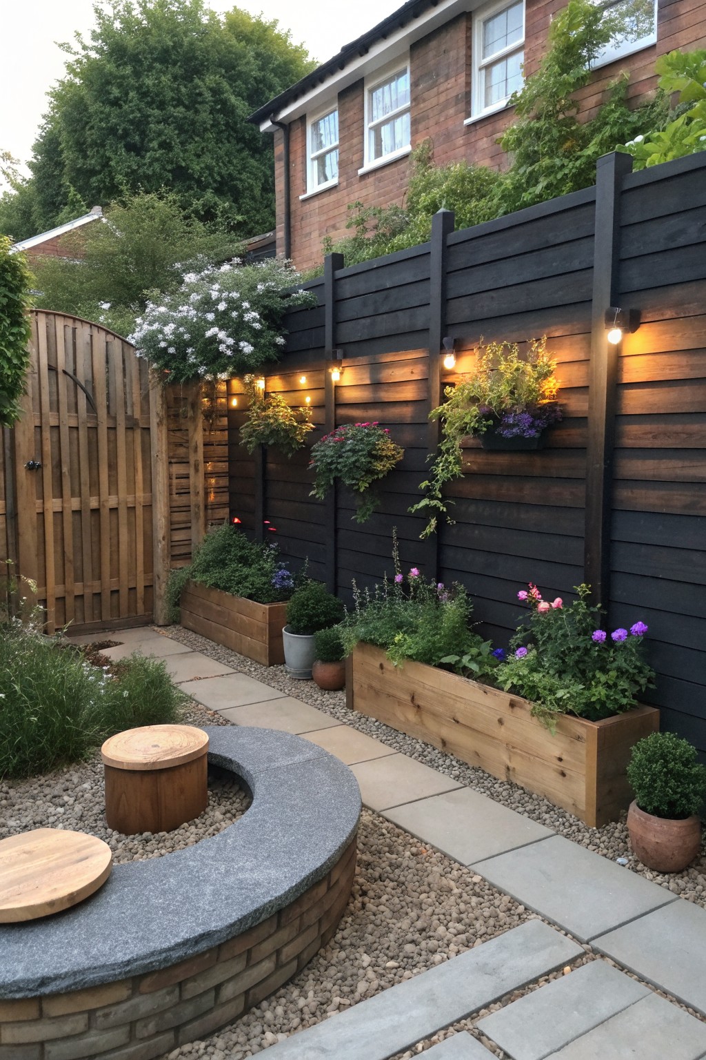 A dark wooden garden fence with attached planters holding flowers and greenery, next to a gravel path and curved stone seating area.