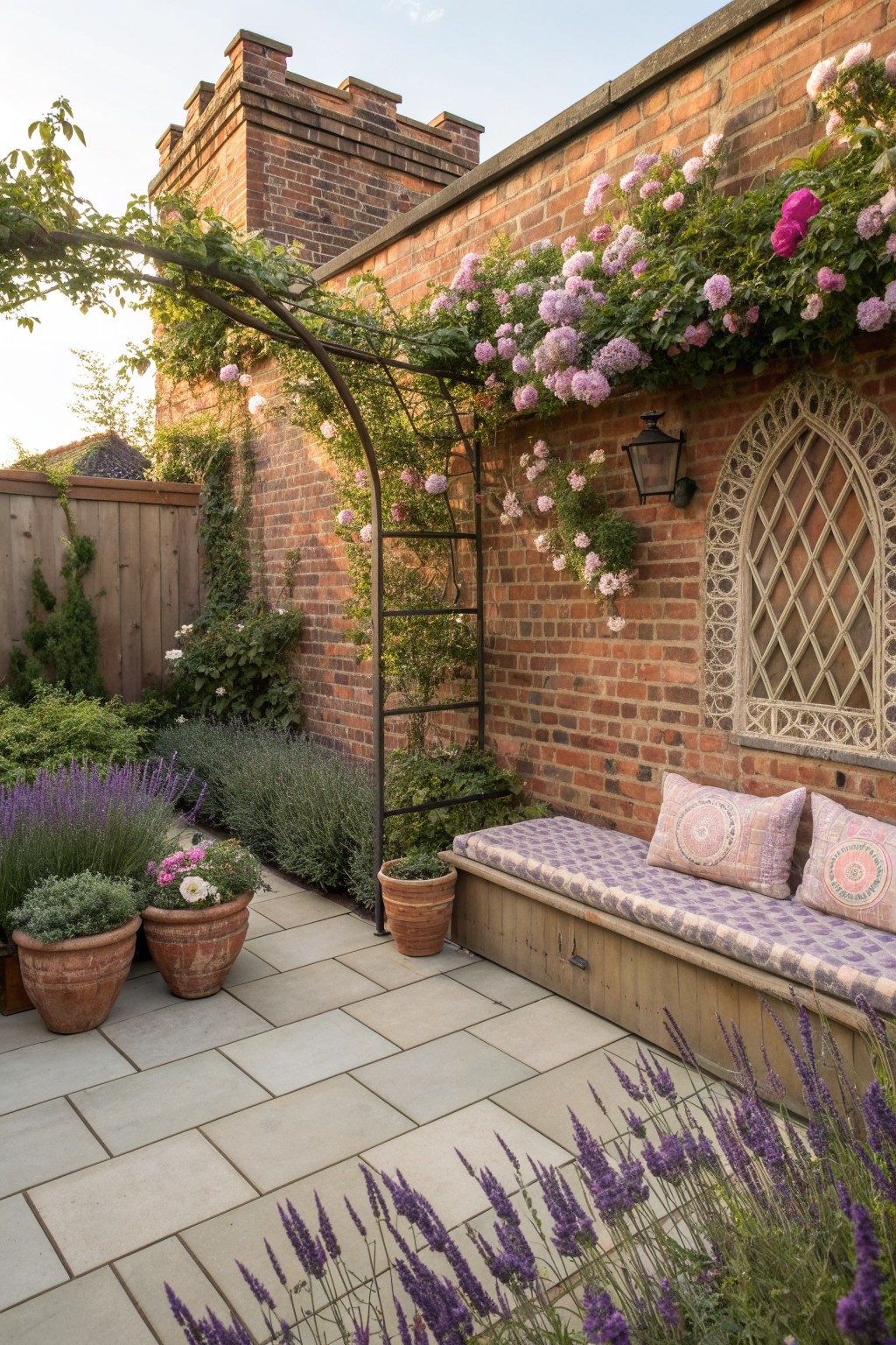 A brick garden wall covered in climbing pink and purple flowers with a wooden bench and potted plants in front.