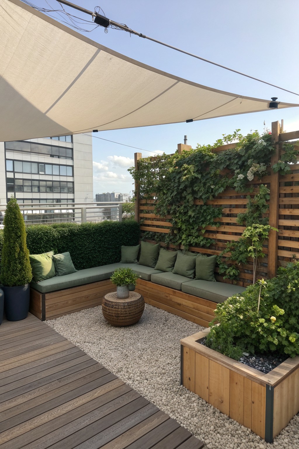 A rooftop terrace with built-in wooden bench seating, green cushions, gravel surface, potted plants, and a tall wooden fence densely covered in climbing vines under a white shade sail.