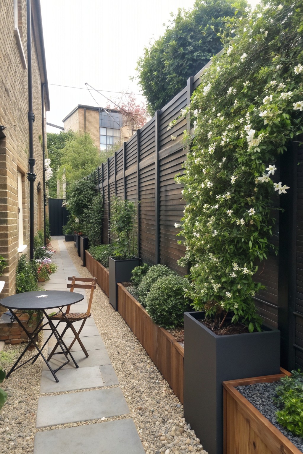 A narrow paved garden path runs beside a tall dark fence covered in climbing plants with white flowers, with wooden and black planters along the fence and a small table and chair on the left.