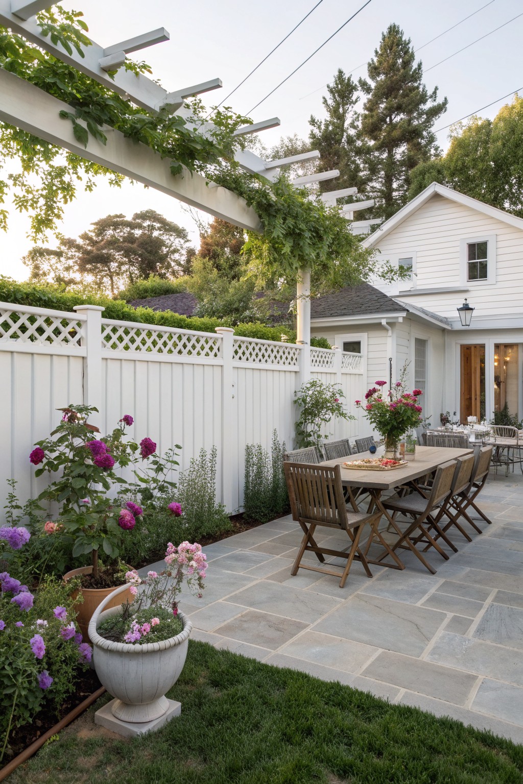 A backyard patio with a long wooden dining table and chairs on stone pavers, bordered by a white privacy fence with lattice panels and climbing green vines hanging from a white pergola overhead, along with several potted flowering plants.