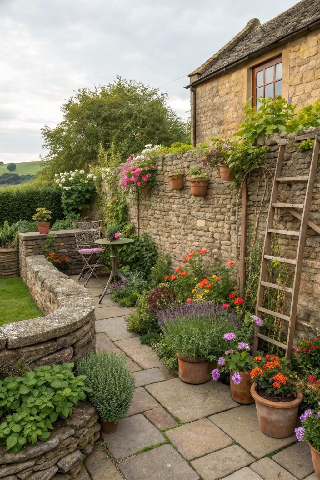 A stone garden wall lined with climbing pink flowers, potted plants along a paved path, and a wooden ladder leaning against the wall.