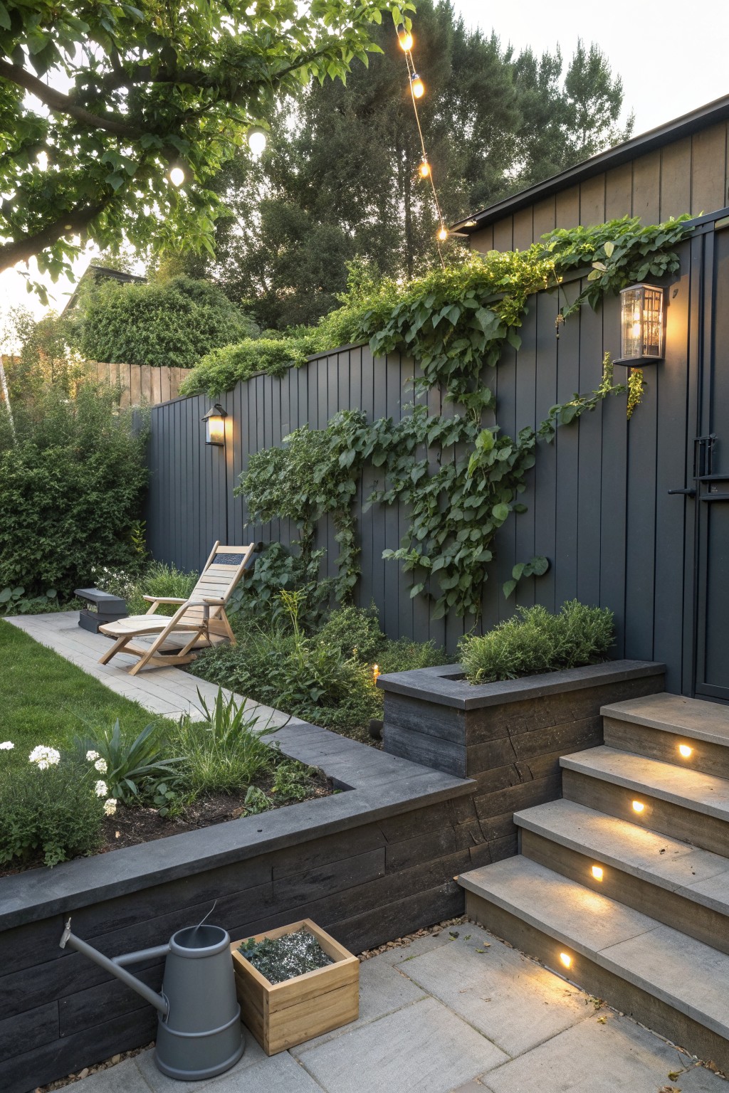 A backyard scene showing a dark wooden fence covered in climbing green vines, with a wooden lounge chair on a deck, raised garden beds, and lit concrete steps.