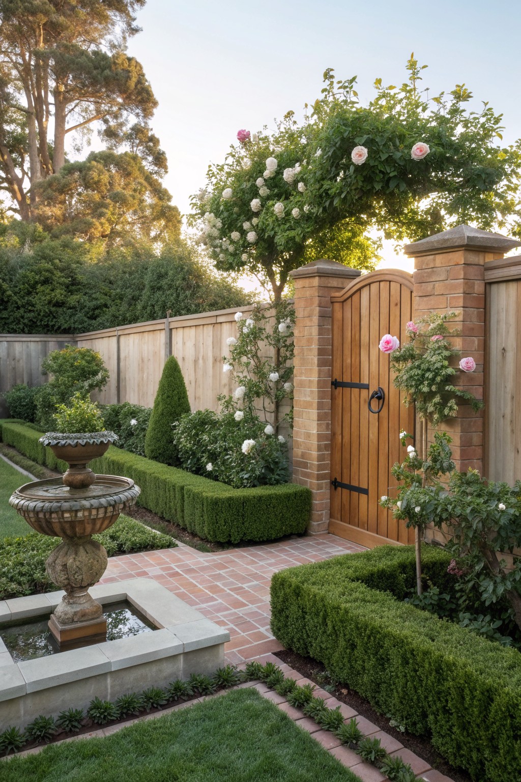 A wooden garden gate set between brick pillars and covered with climbing pink and white roses, next to a stone fountain and neatly trimmed hedges.