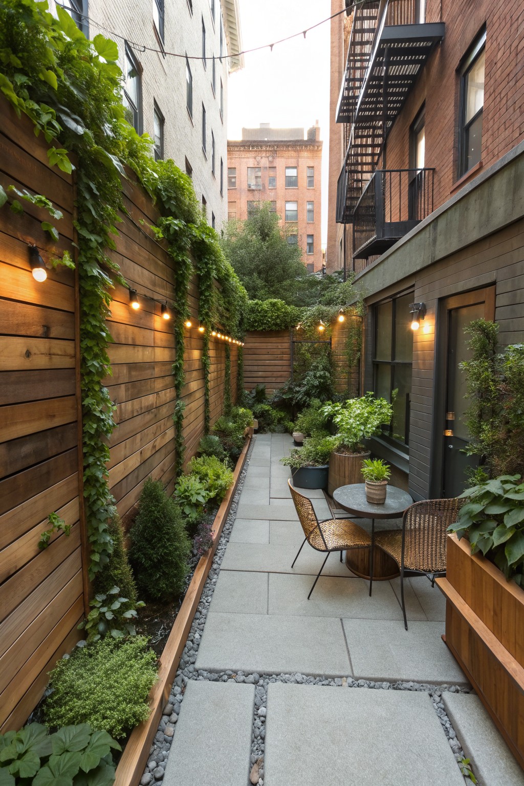 A narrow paved walkway between buildings lined with wooden fences covered in climbing green vines, a round table with two chairs, and string lights overhead.