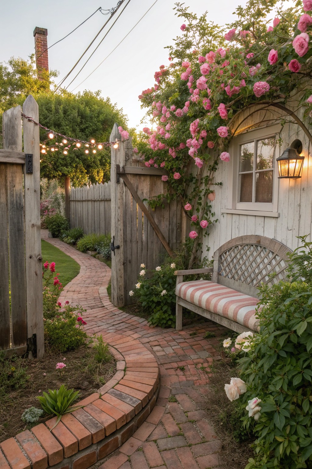 A wooden fence covered in pink climbing roses borders a brick garden path with a striped bench and a small lit window on a white shed.
