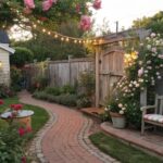 A wooden fence covered in pink climbing roses borders a brick garden path with a striped bench and a small lit window on a white shed.