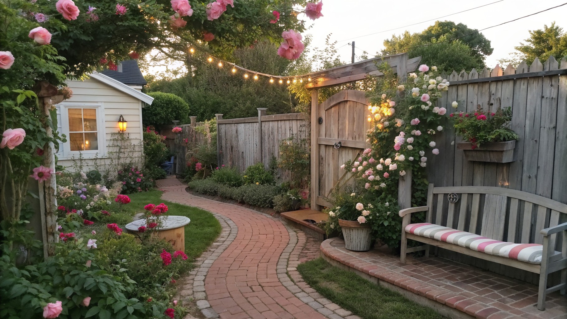 A wooden fence covered in pink climbing roses borders a brick garden path with a striped bench and a small lit window on a white shed.