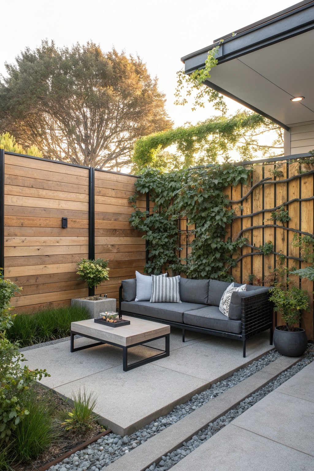 Outdoor patio with gray sofa and concrete table enclosed by wooden fences with climbing green vines on trellis sections.