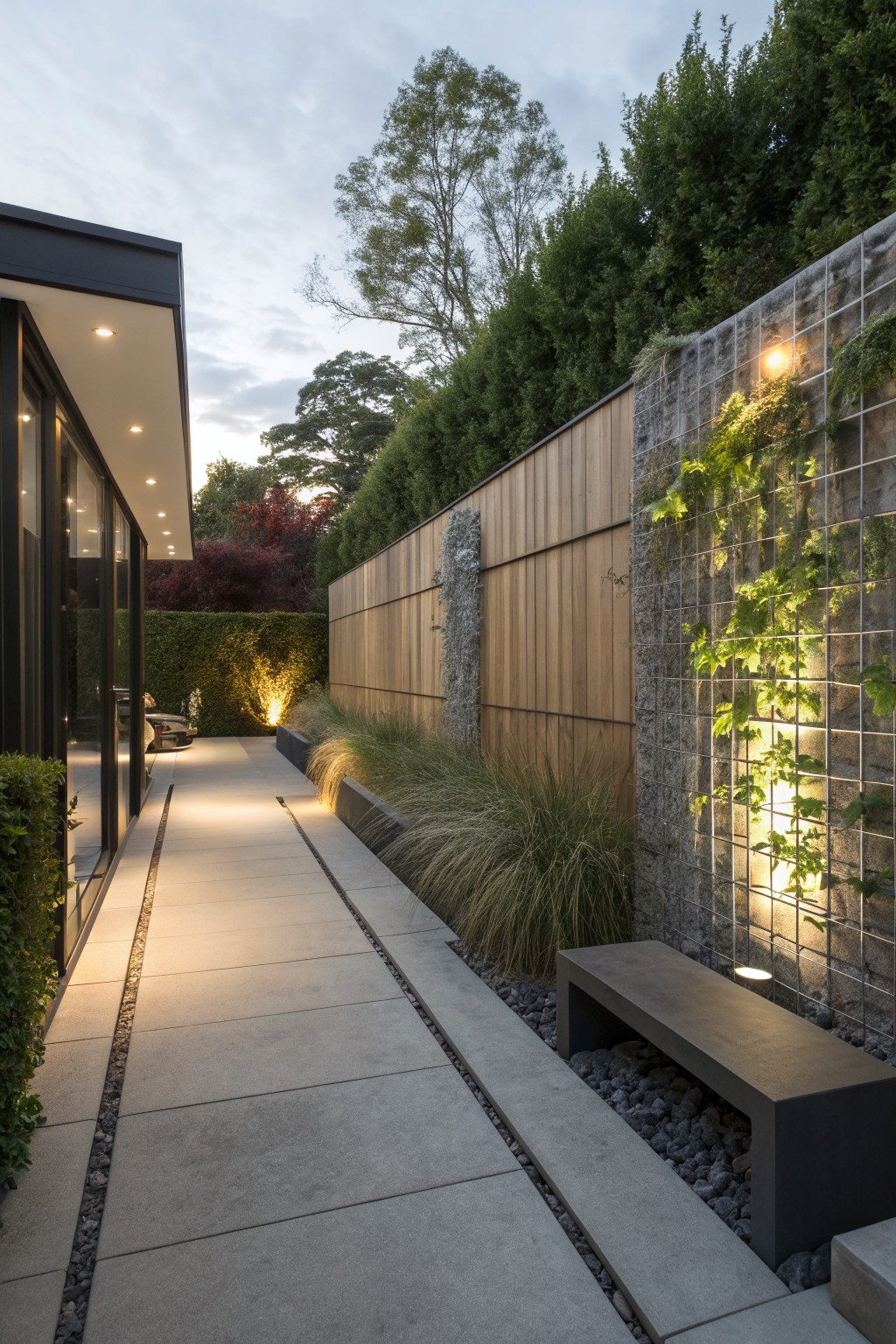 A concrete block wall fitted with a metal grid trellis holding climbing vines, positioned beside a wooden fence along a paved garden path.