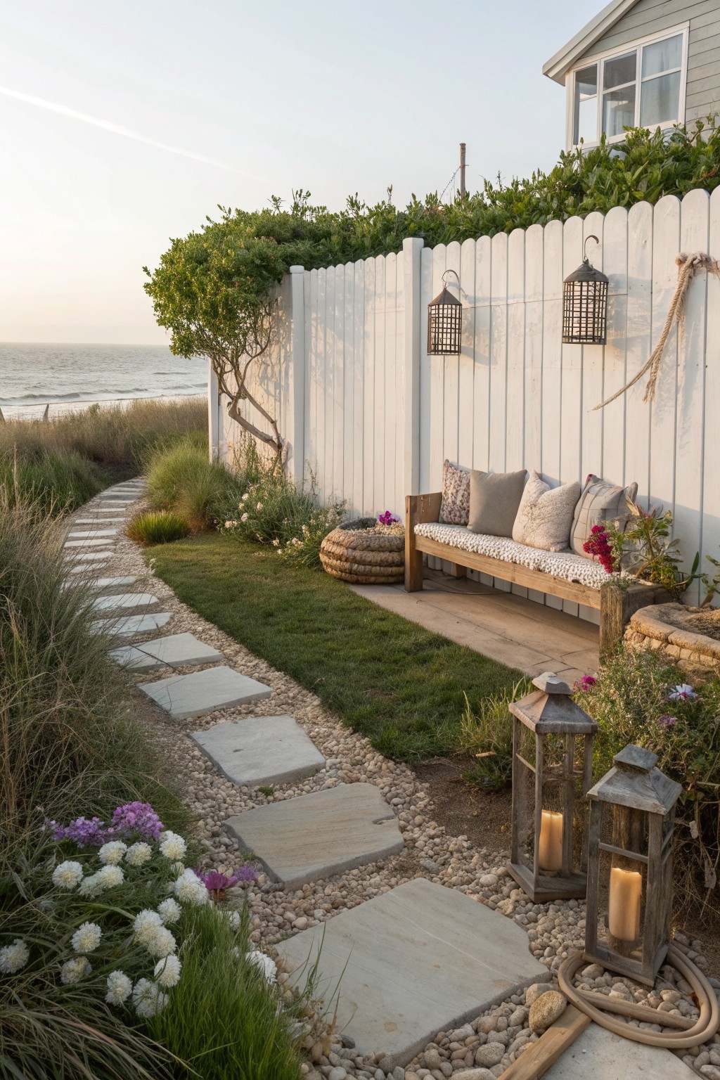 A white wooden fence topped with green climbing plants borders a garden path of stone steps and gravel, with a wooden bench against the fence.