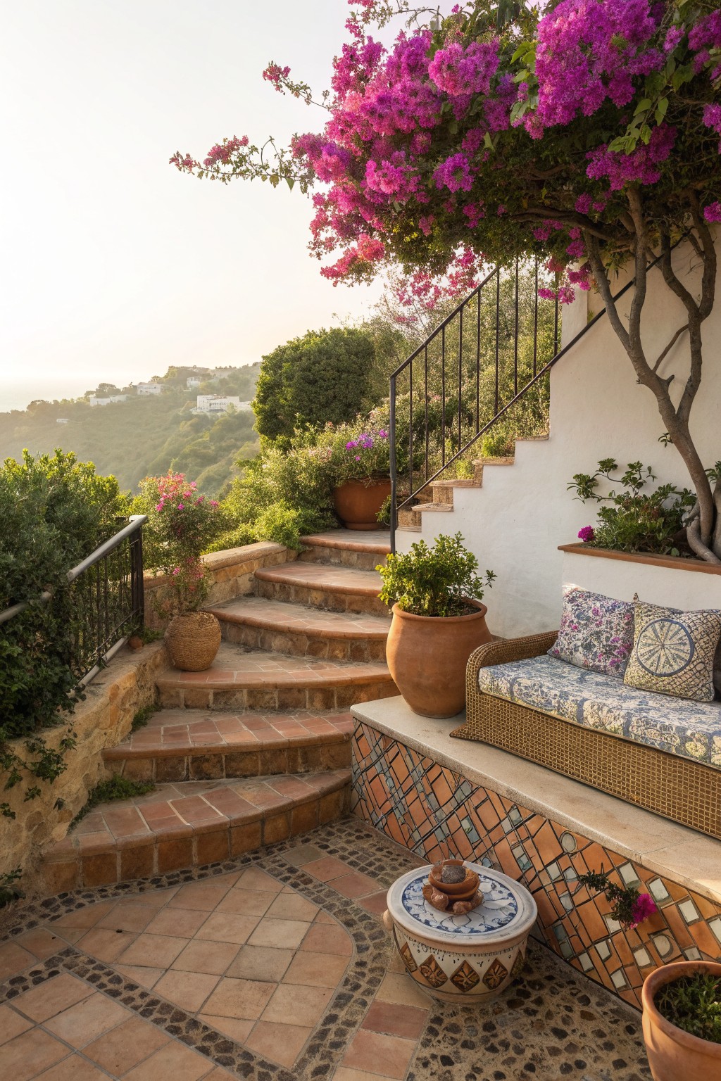 Outdoor staircase with terracotta tiles, a metal railing covered in purple flowering vines, and a cushioned bench set into a tiled wall.