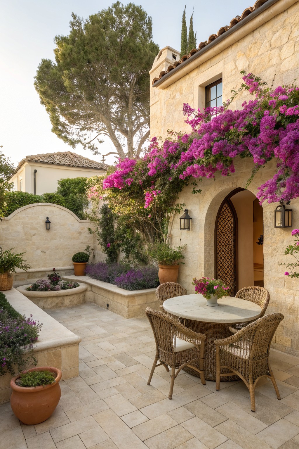 A stone house exterior with an outdoor patio seating area where dense purple flowering vines climb across walls and an arched doorway.