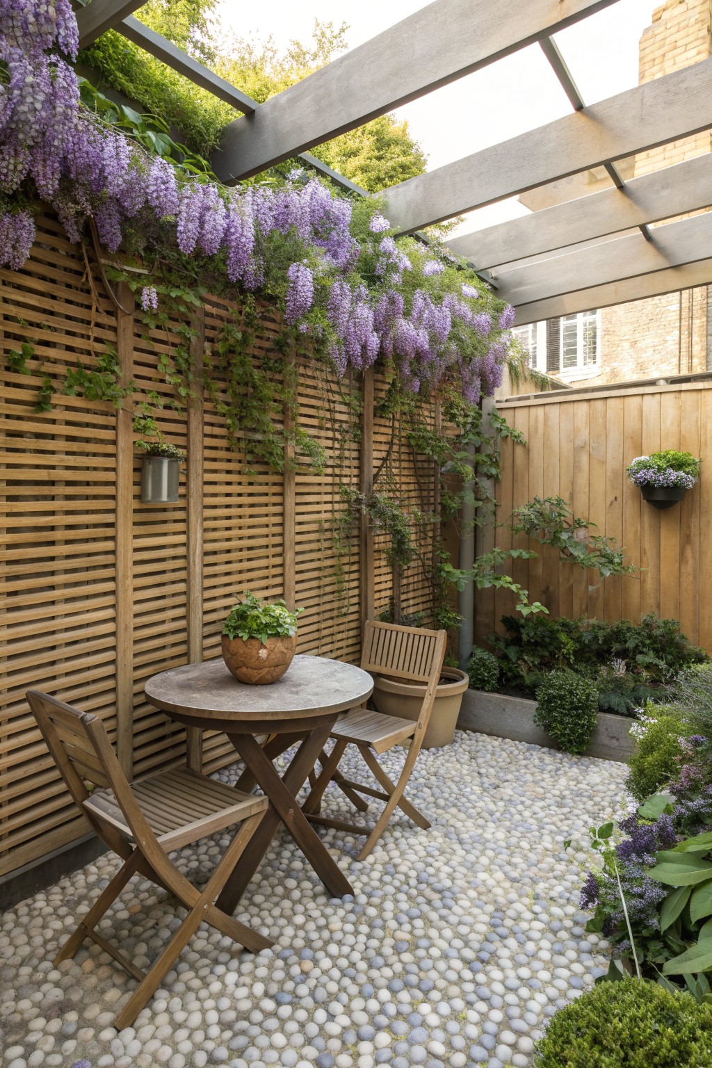 A patio with a round table and two wooden chairs on pebble ground, set against a wooden slat fence covered in purple flowering vines.