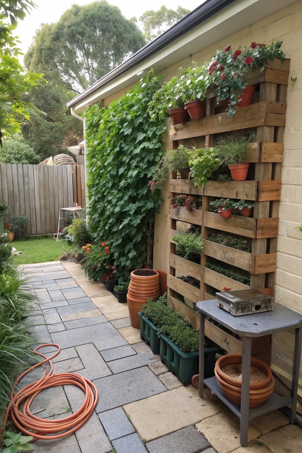 Wooden pallet vertical garden with potted flowers and vines on brick wall