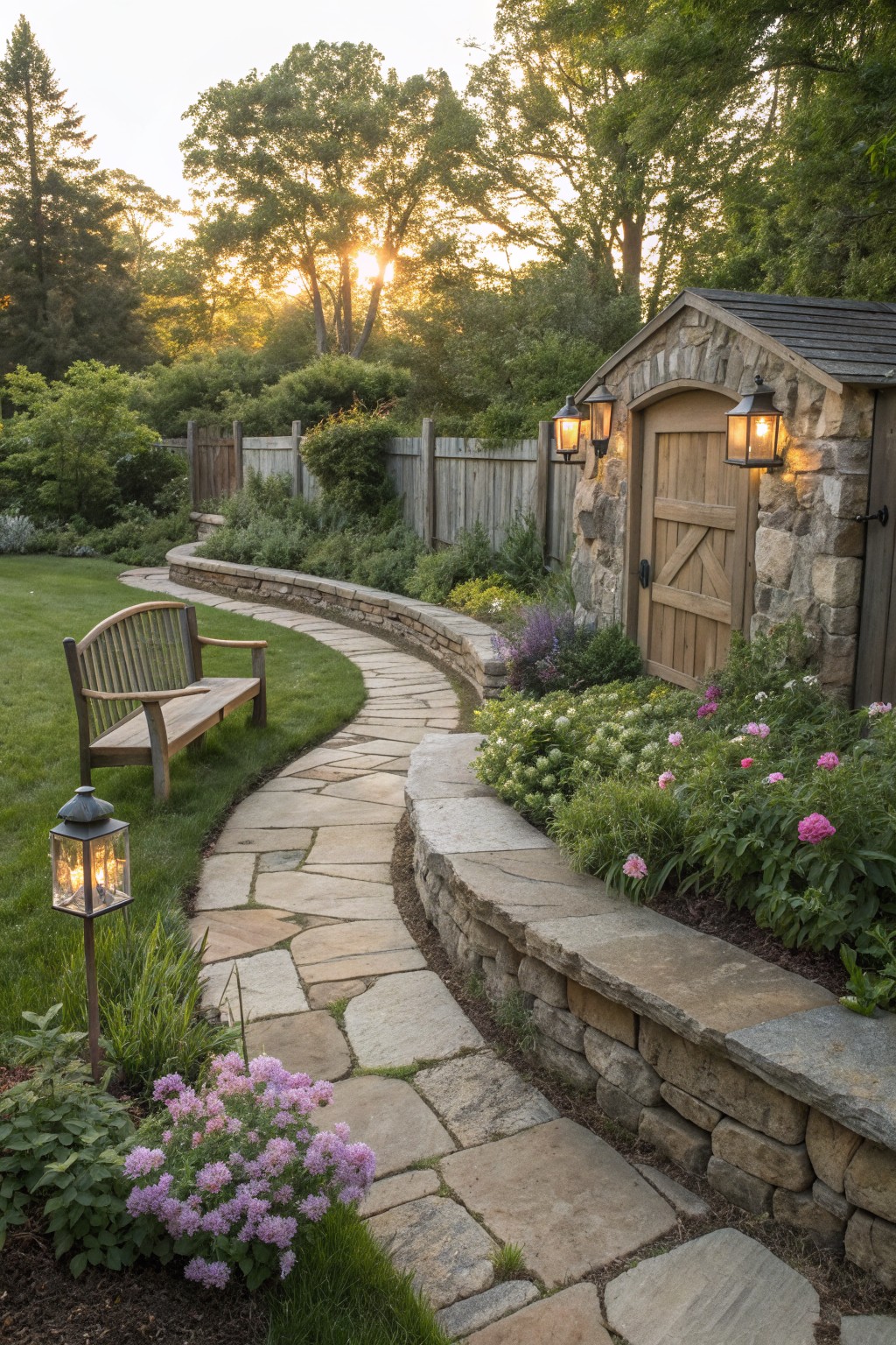 A winding stone path runs past a wooden bench on the grass, low stone retaining walls, and flower beds leading to a stone shed with lit lanterns.