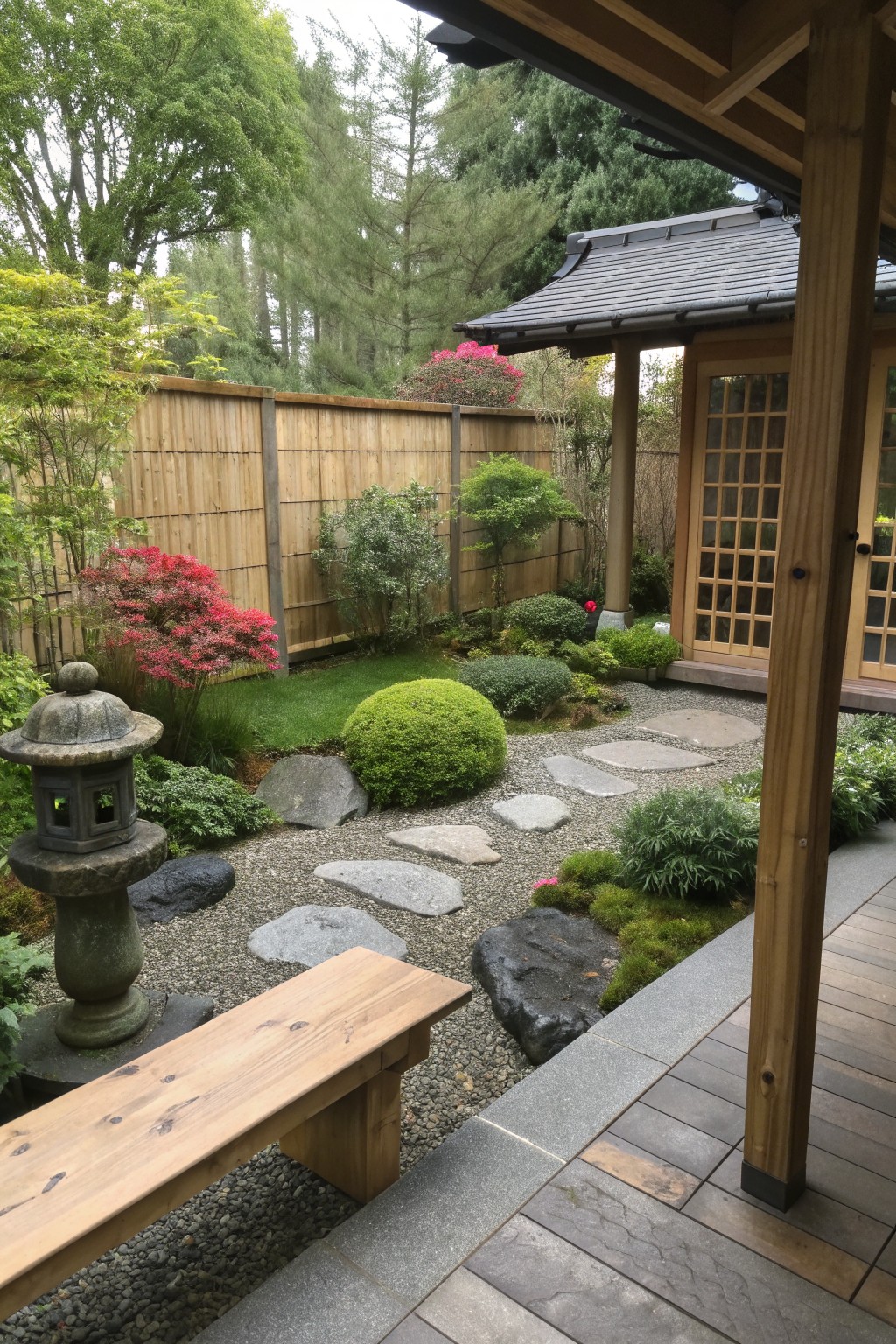 A wooden bench rests on gravel beside a stone lantern, with stepping stones, shrubs, and a wooden house visible in a garden setting.