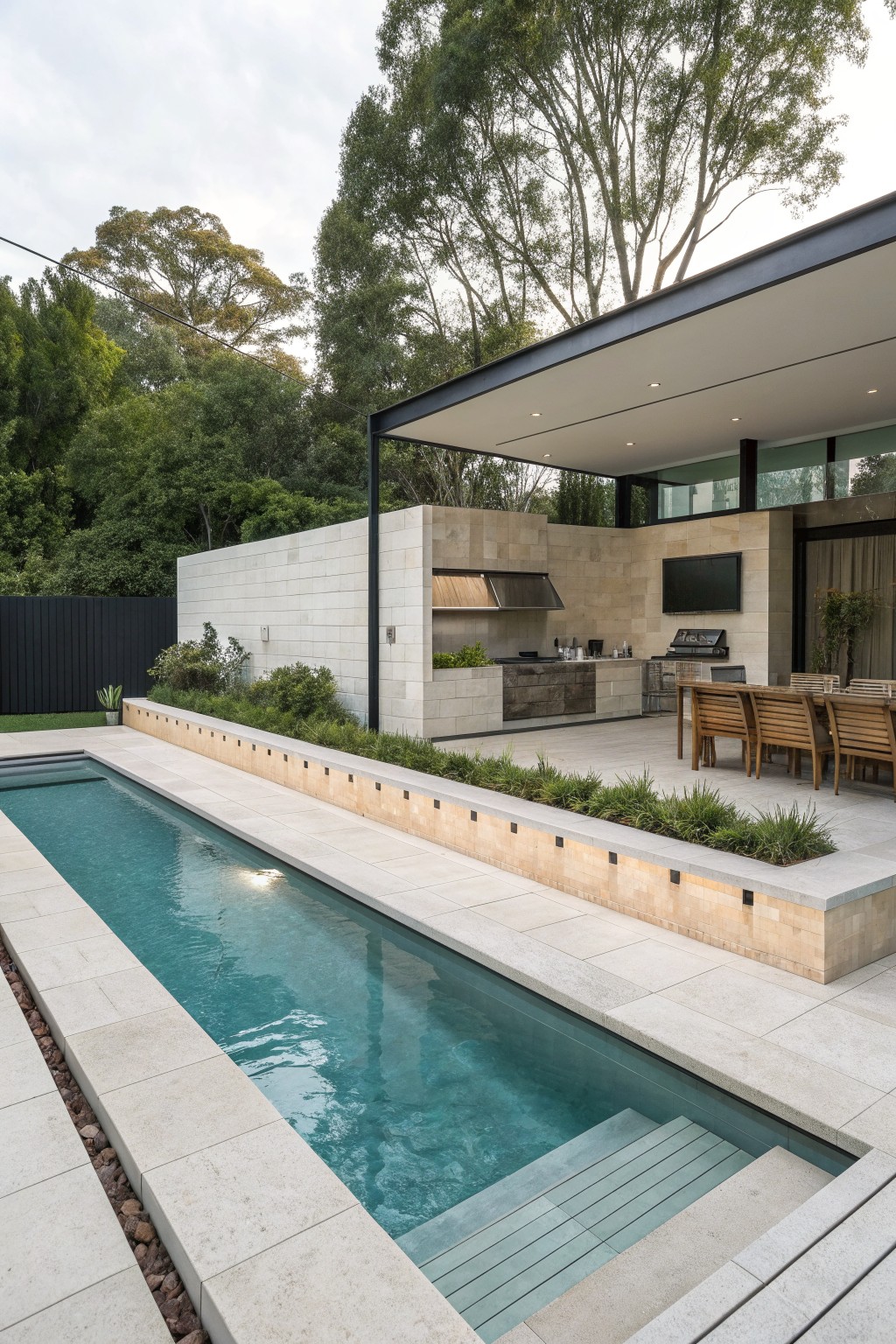 A modern outdoor space with a long rectangular pool, built-in steps, and a raised stone ledge with inset lights and plants, alongside an outdoor kitchen and wooden dining table.
