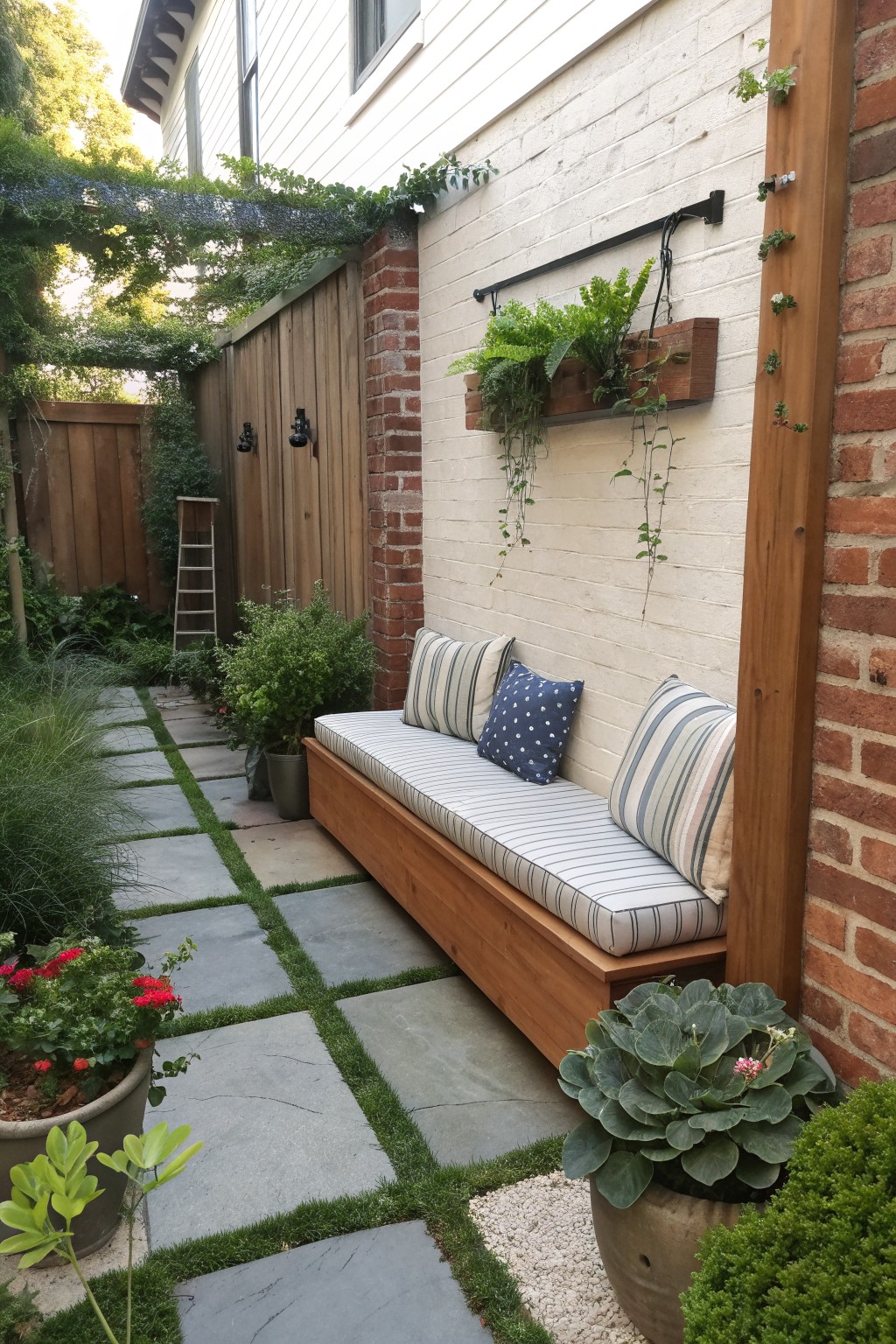 A wooden built-in bench with striped cushions and pillows sits against a white brick wall in a backyard with potted plants and a stone pathway.