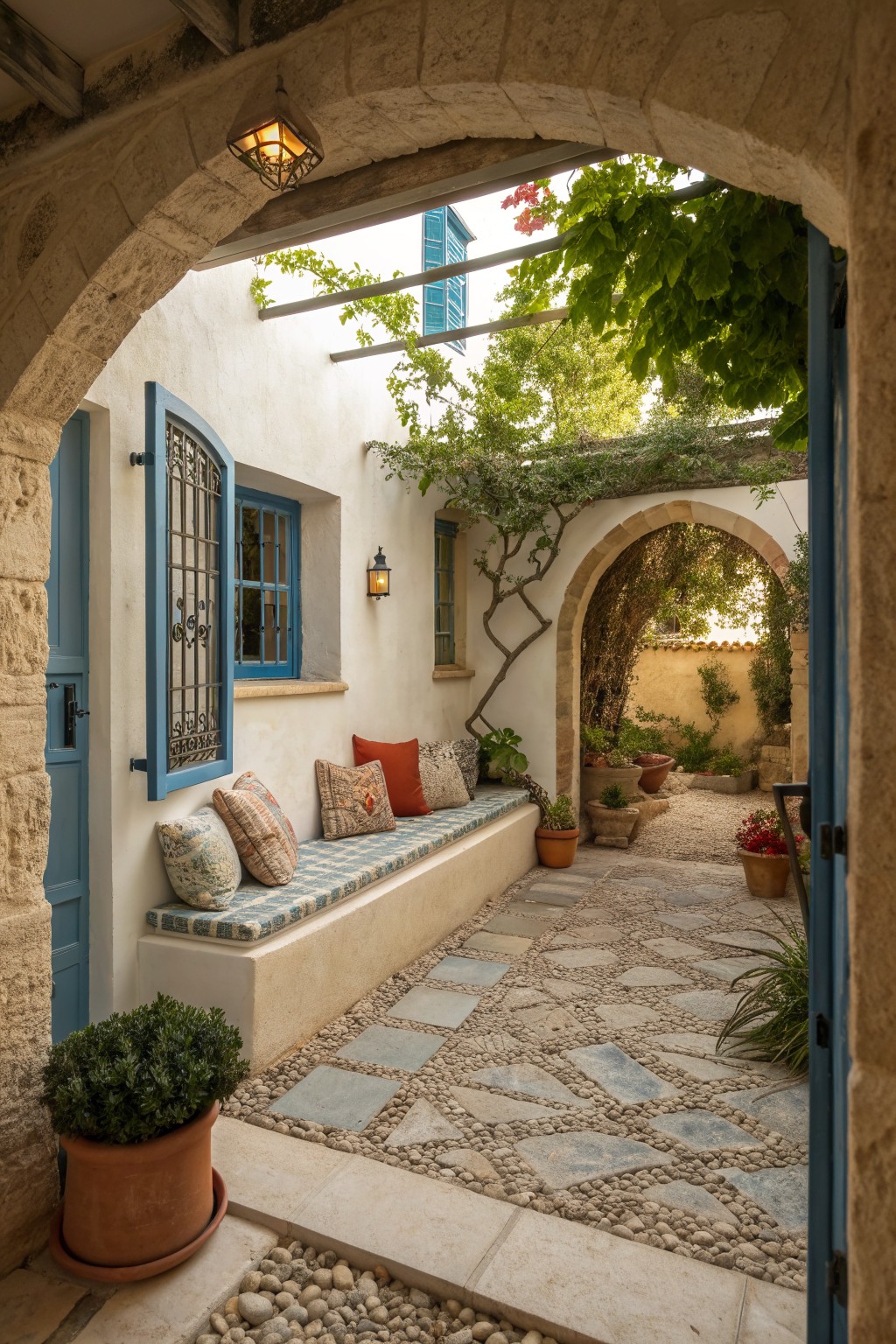 A stone courtyard viewed through an archway shows a built-in bench with cushions along a white wall beneath blue windows, next to a gravel and stone path.