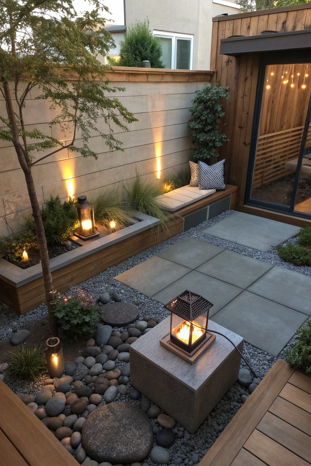 A small backyard patio featuring a built-in bench along a wooden fence, with gravel, concrete pavers, raised planters, and several lanterns.