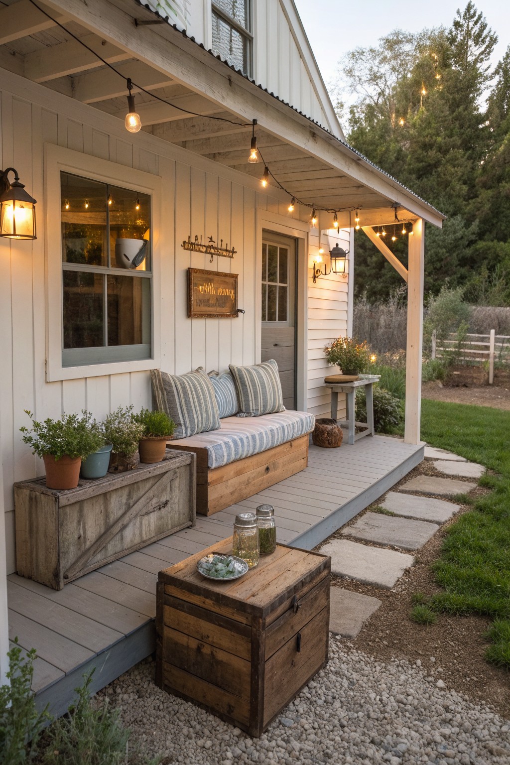 A white house porch with a built-in wooden bench with striped cushions, rustic wooden crates holding potted plants on either side, and string lights overhead.