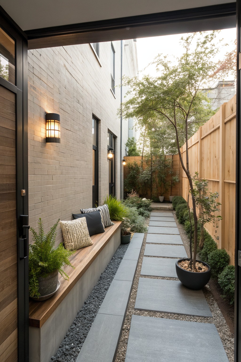 Narrow outdoor side yard with built-in bench seating along a brick wall, gray stone pavers, and potted plants.