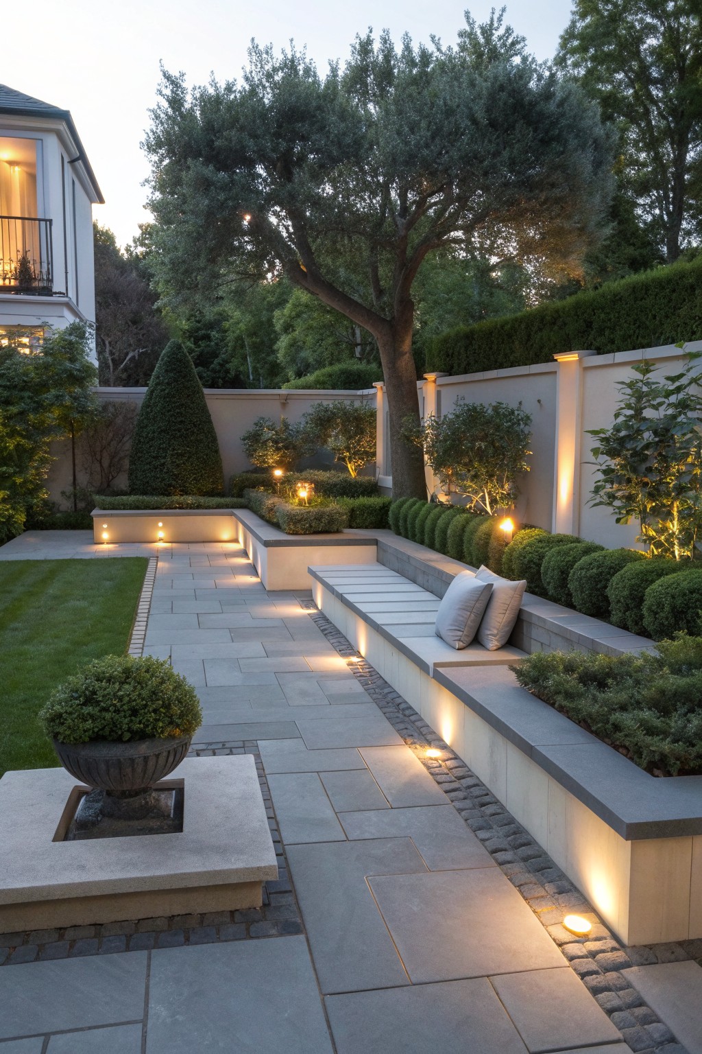 A backyard patio with a long built-in stone bench integrated into a raised planter wall, complete with cushions and underlighting.