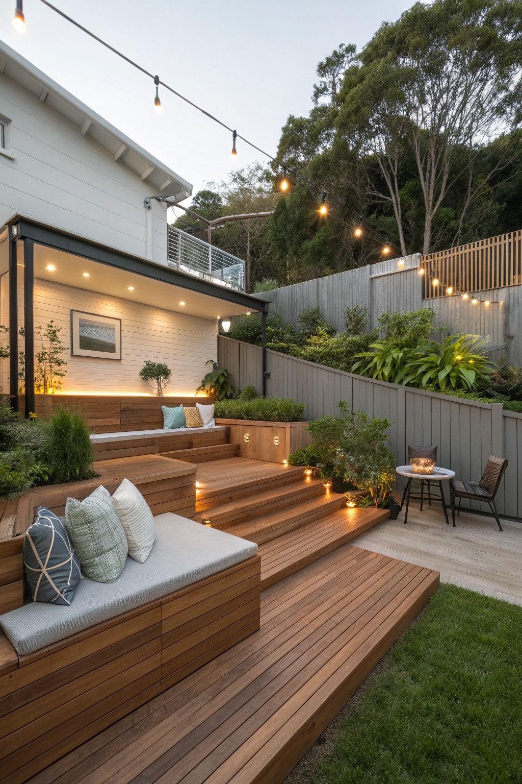 Backyard wooden deck with built-in benches and cushions, integrated steps, string lights overhead, and a small table with chairs near a gray fence.