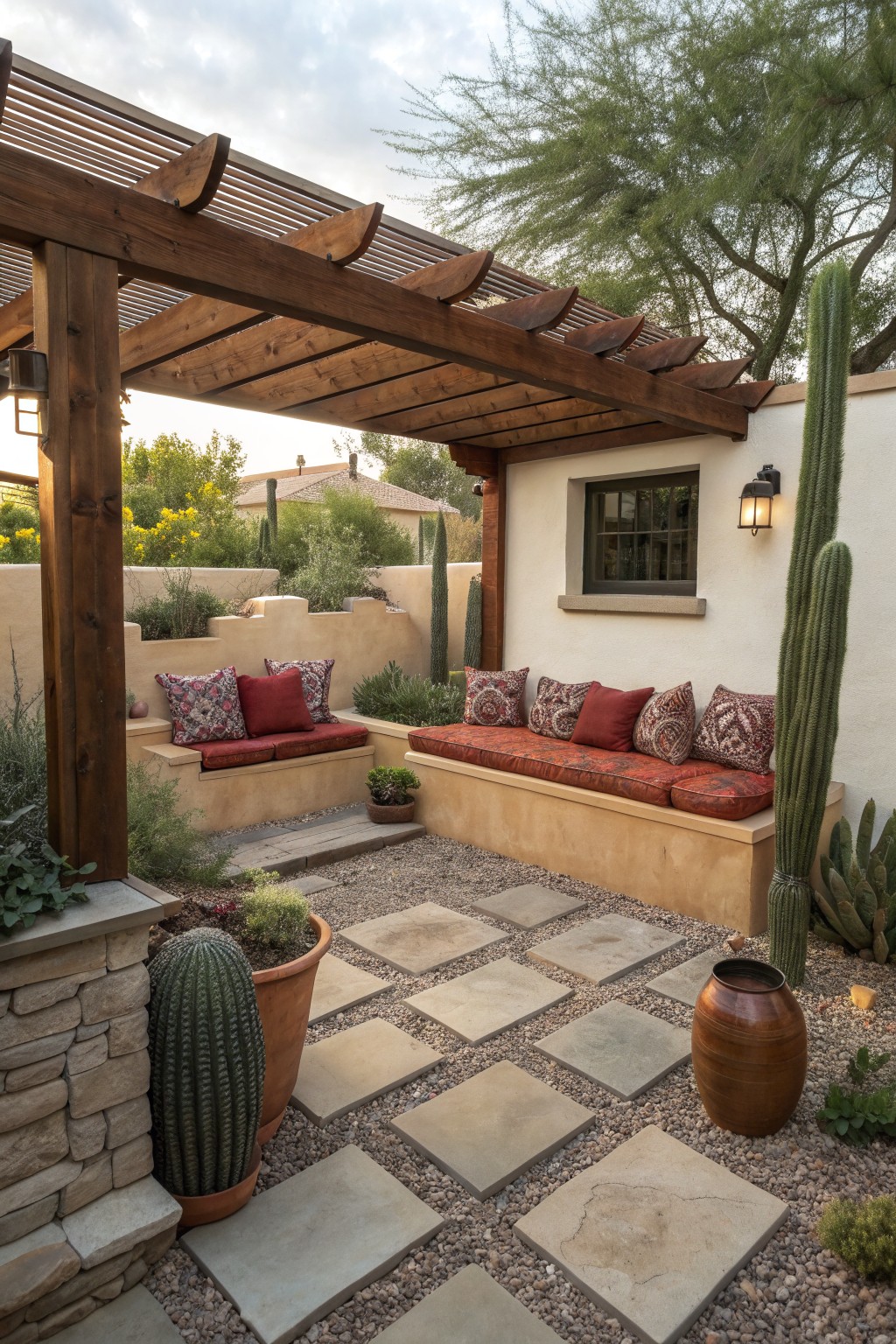 A backyard patio with built-in cushioned benches along stucco walls under a wooden pergola, featuring gravel, pavers, and tall cacti.