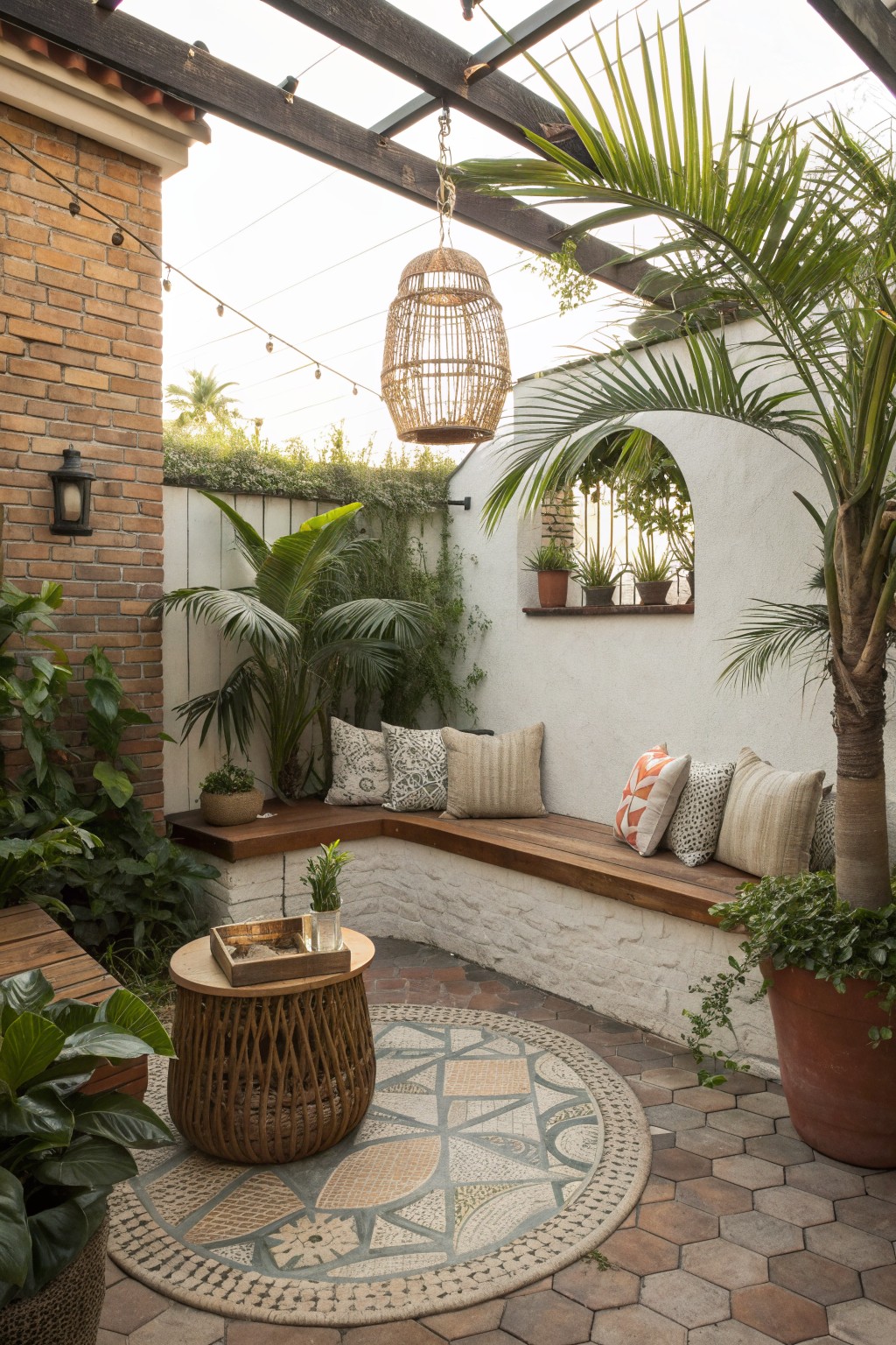 Cozy patio with wooden bench, cushions, hanging wicker lantern, palms, and mosaic rug.