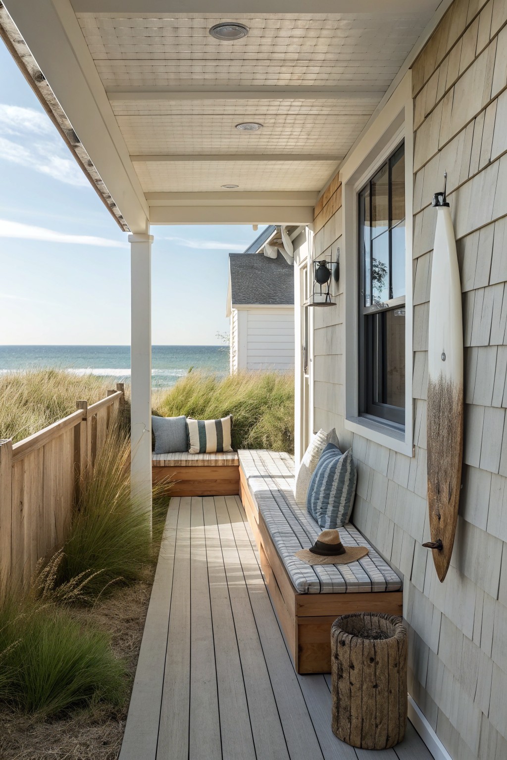 A covered wooden porch features a long built-in bench with striped cushions running along the exterior wall, overlooking dunes and the ocean.