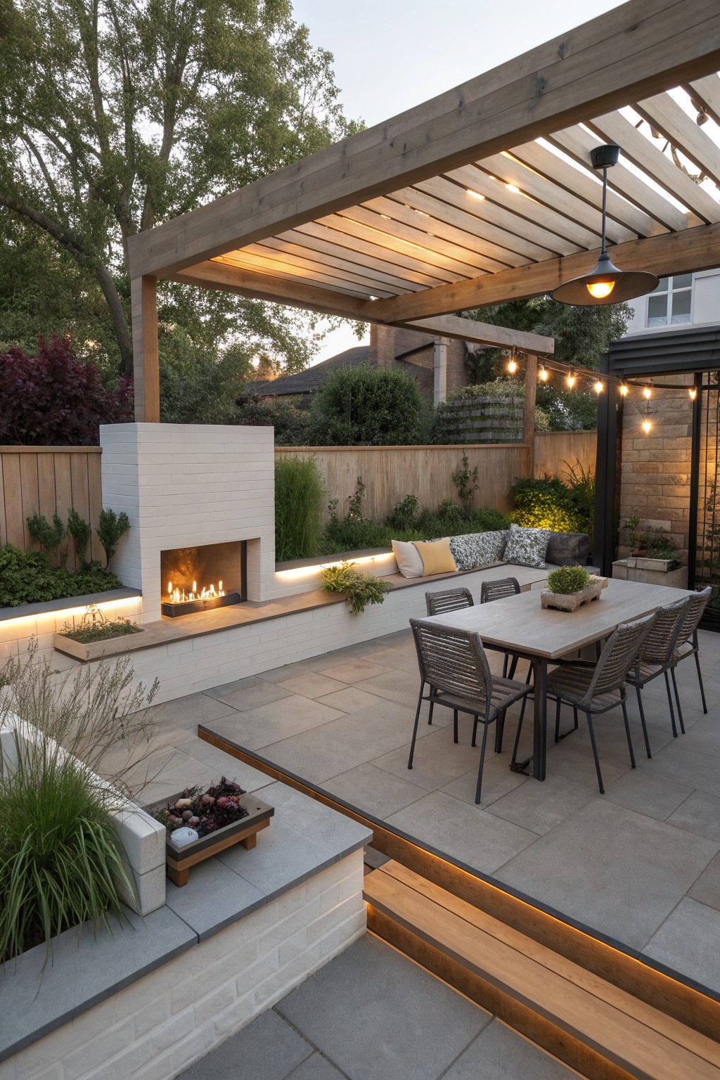 A paved backyard patio featuring a white brick outdoor fireplace with built-in bench seating and cushions, a wooden pergola with string lights, and a dining table with woven chairs.
