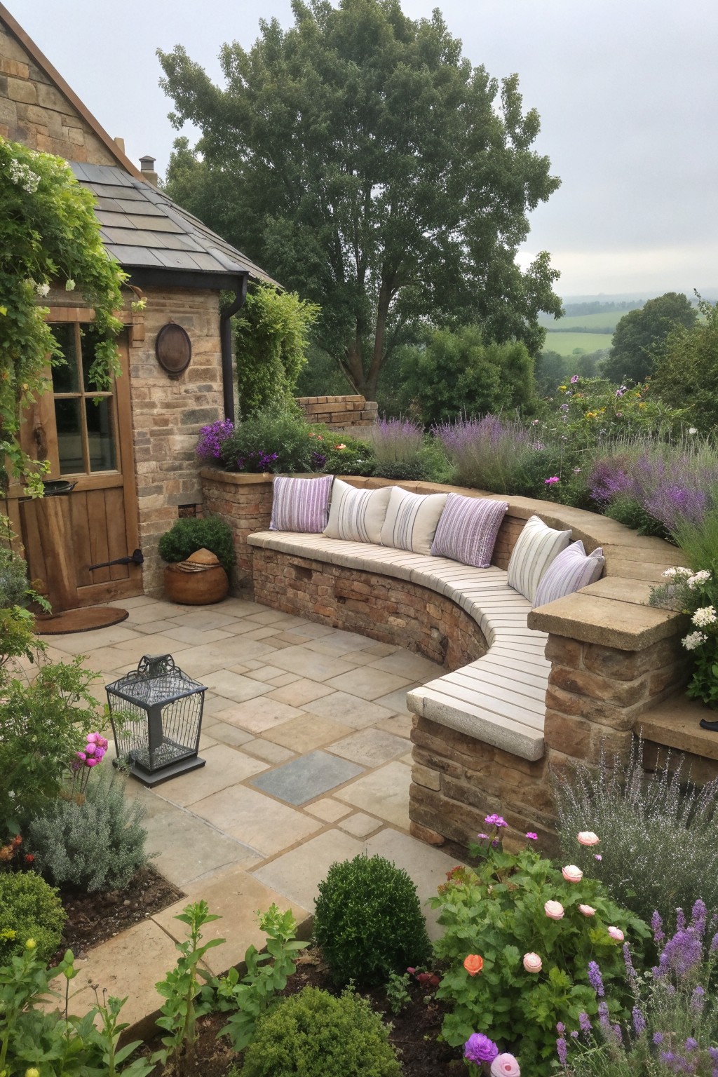Curved built-in bench with striped cushions set into a low stone wall on a stone patio next to a house, surrounded by garden beds.
