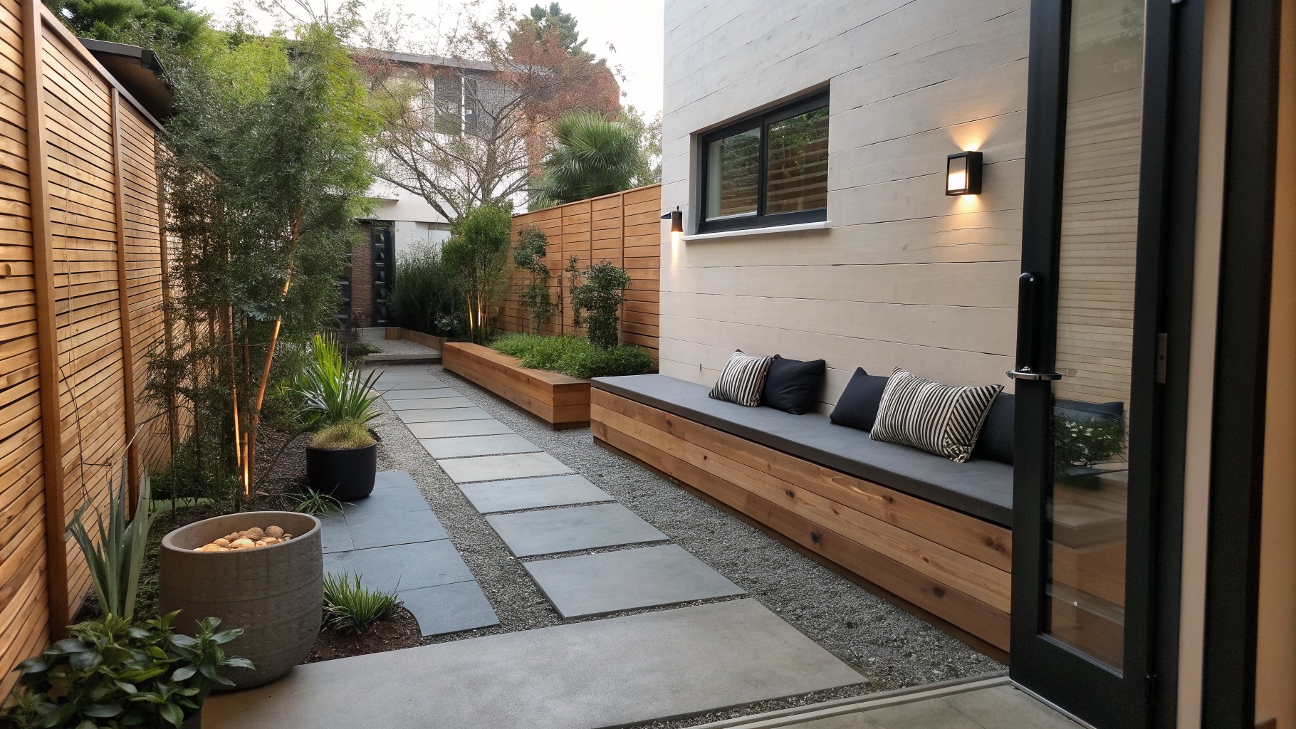 Narrow outdoor side yard with built-in bench seating along a brick wall, gray stone pavers, and potted plants.