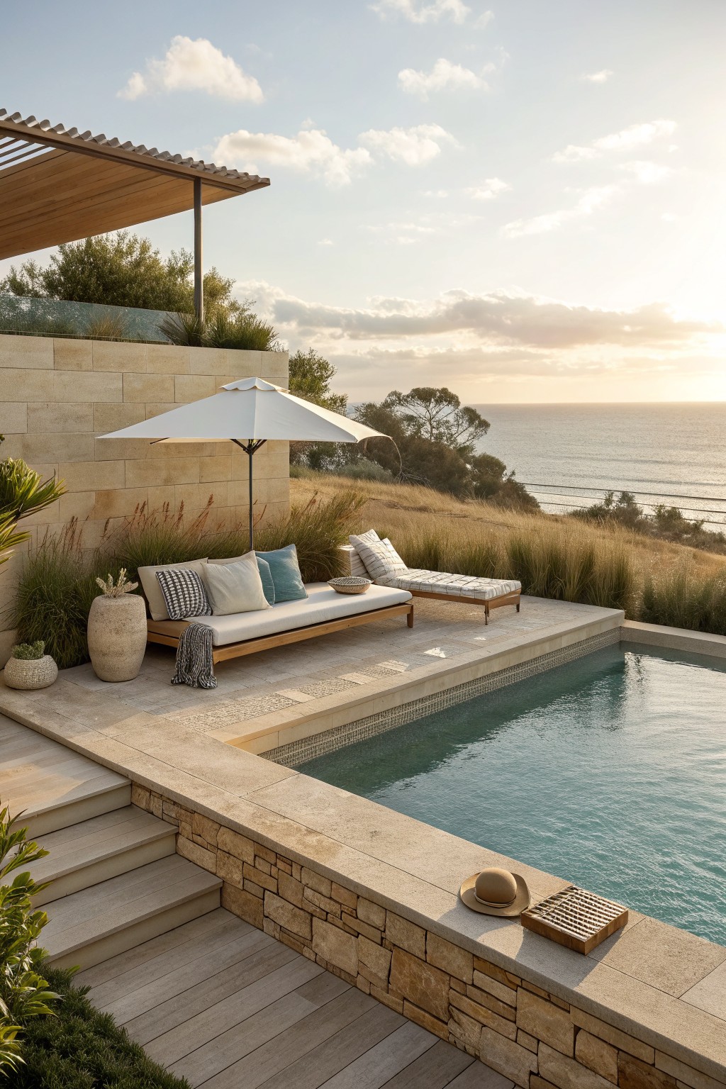 Outdoor pool area with lounge seating placed on a raised stone platform next to the water.