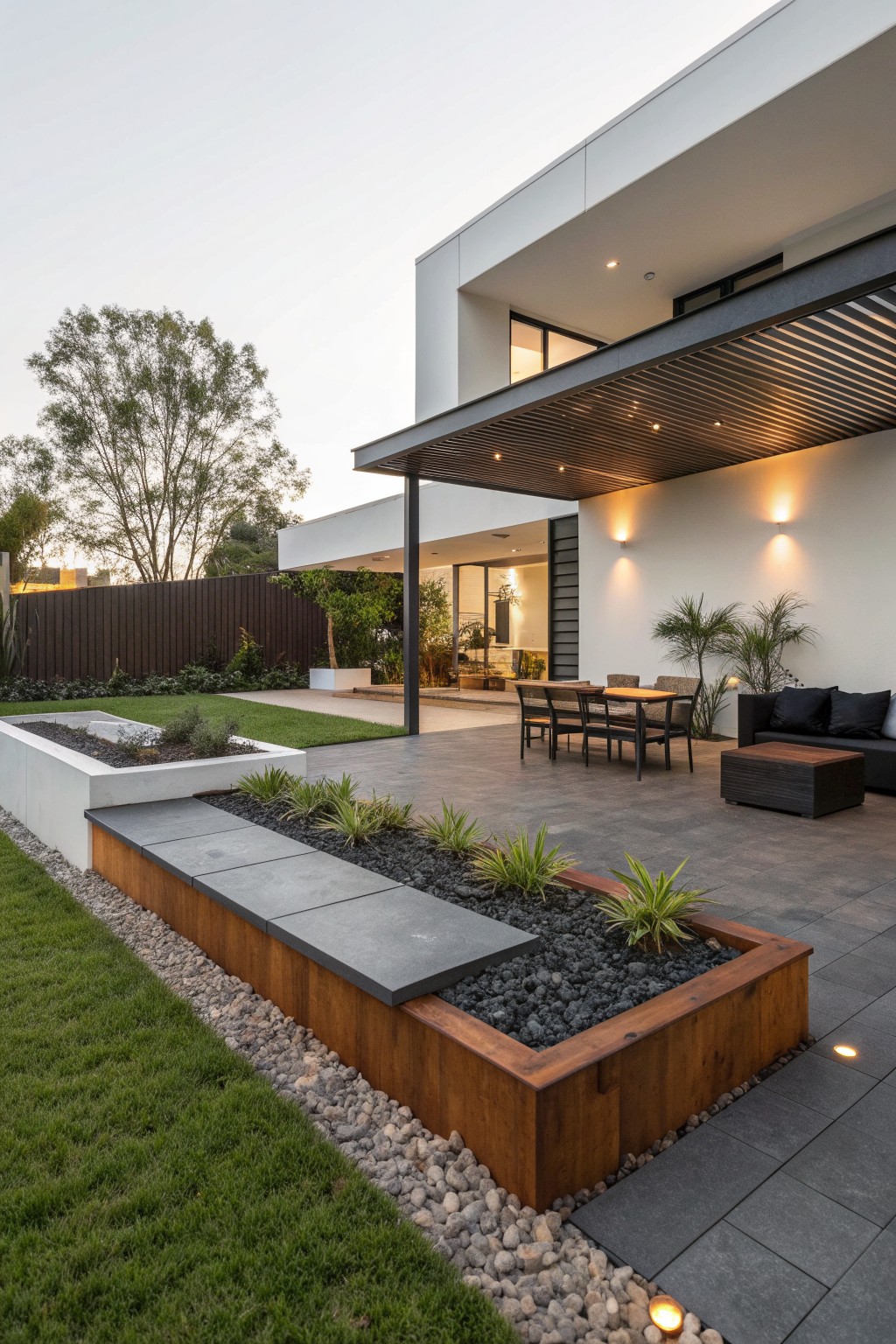 Modern home patio with wooden planters, dining set, lounge seating, and evening lights.