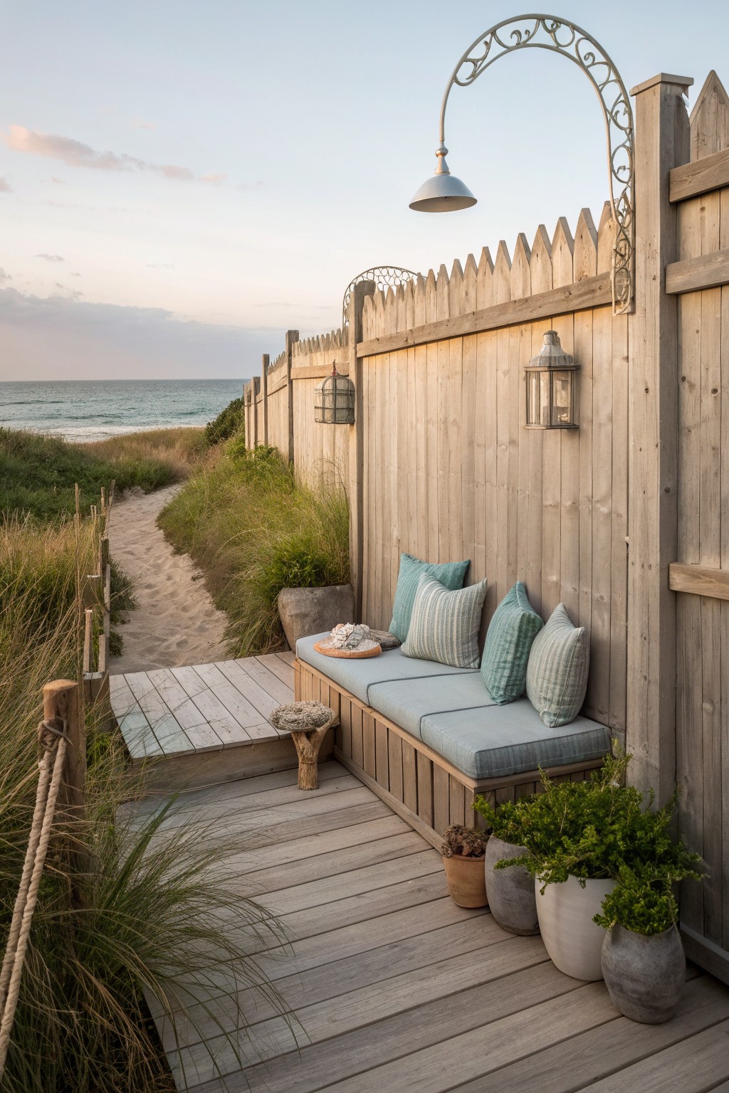 A wooden deck features a built-in bench with light blue cushions against a tall cedar privacy fence, accompanied by potted plants and lanterns.