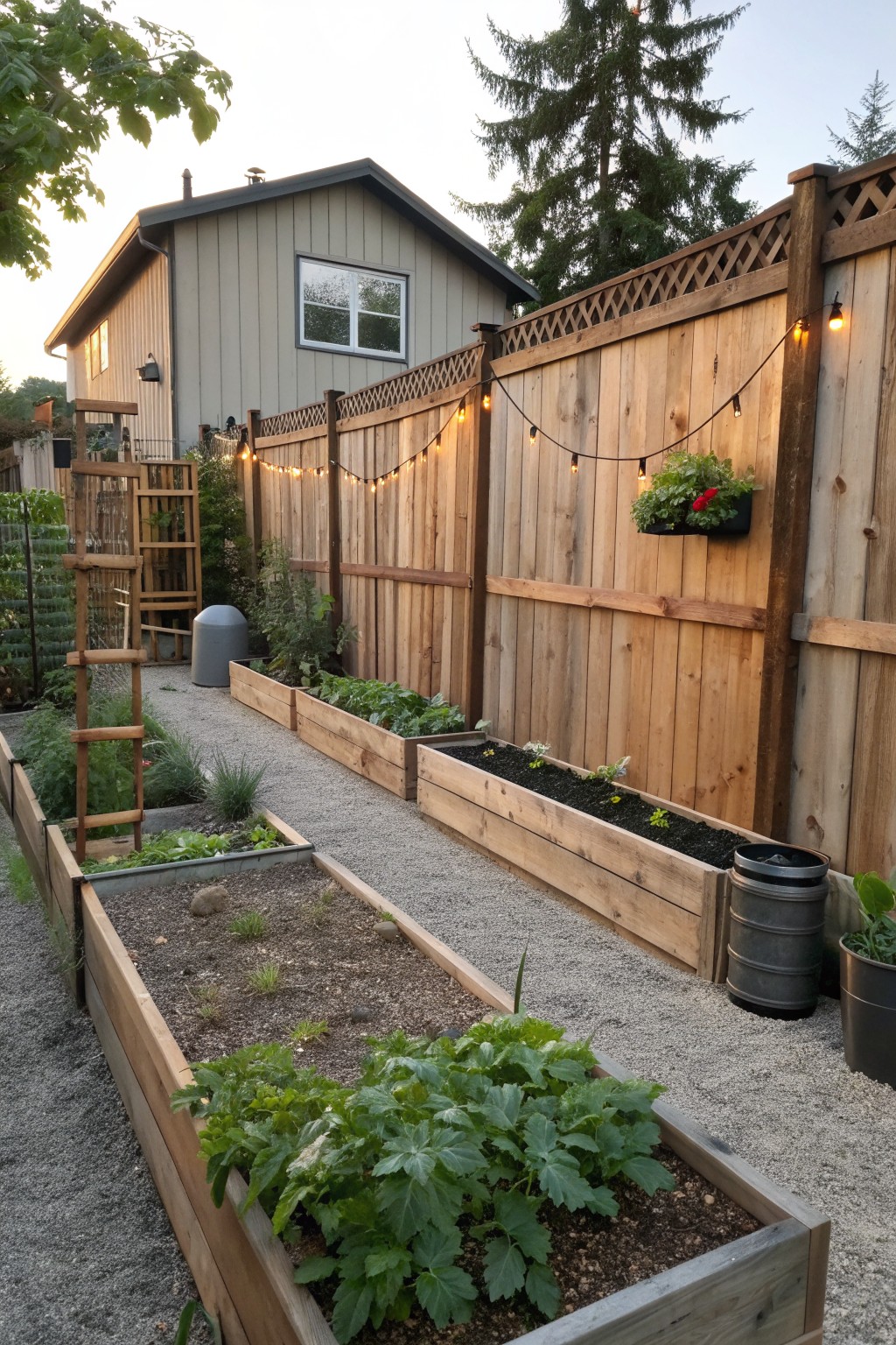 Backyard view of wooden raised garden beds filled with plants running alongside a tall cedar fence with string lights.