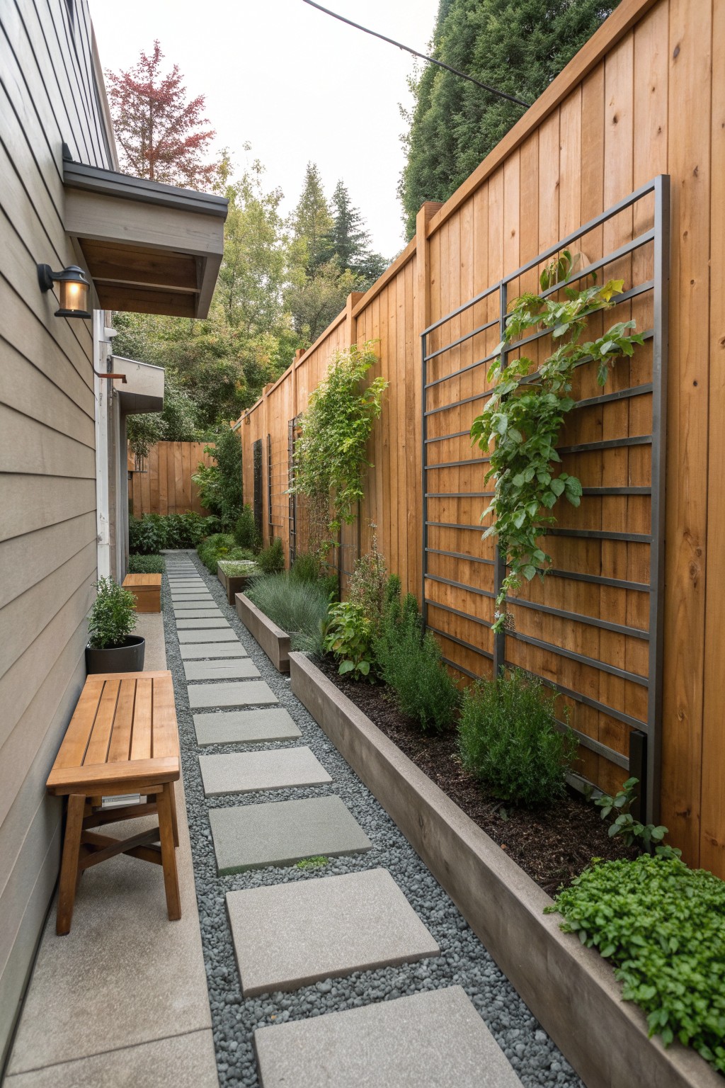 A narrow concrete path with gray pavers and gravel runs beside a tall cedar fence with a large metal trellis covered in climbing vines and raised planting beds along the base.