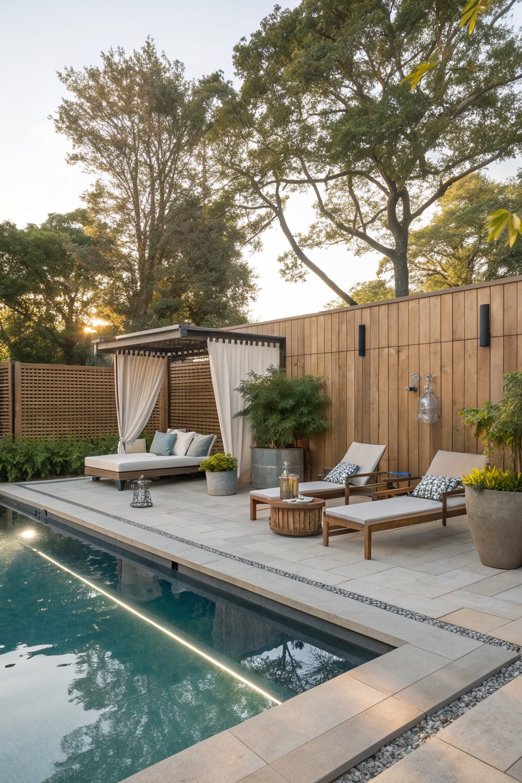 Luxurious patio with daybed, lounge chairs, potted plants beside pool and trees