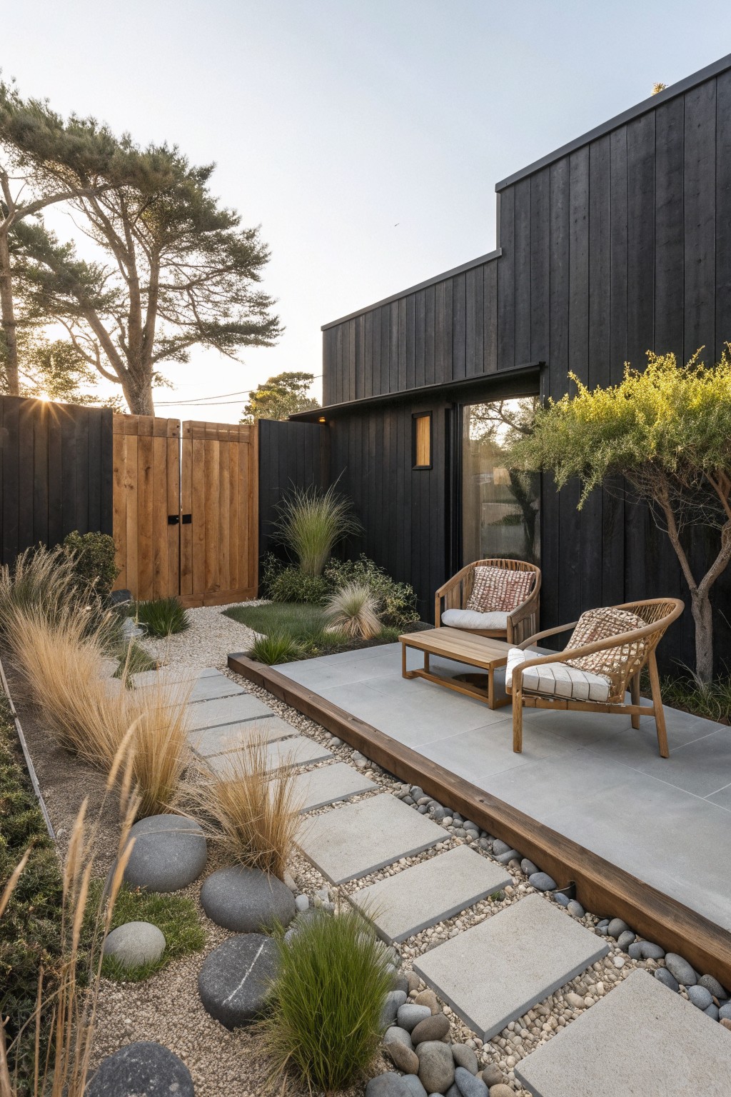 Modern patio with wooden chairs, table, and stone pathway in landscaped garden.