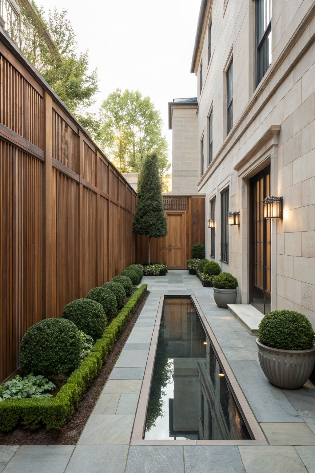 A narrow paved courtyard runs between a tall vertical cedar fence on the left and a stone building on the right, with a long rectangular reflecting pool centered between rows of rounded shrubs.