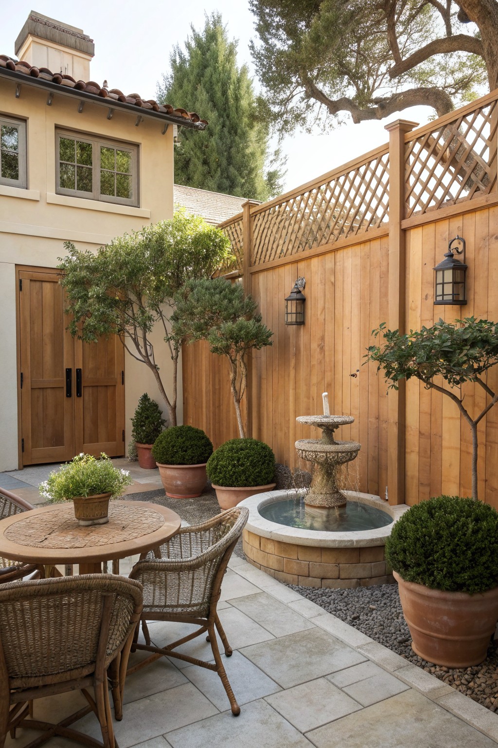 A stone patio with wicker chairs and table, potted plants, a circular fountain, and a tall wooden fence with lattice top along the back wall.