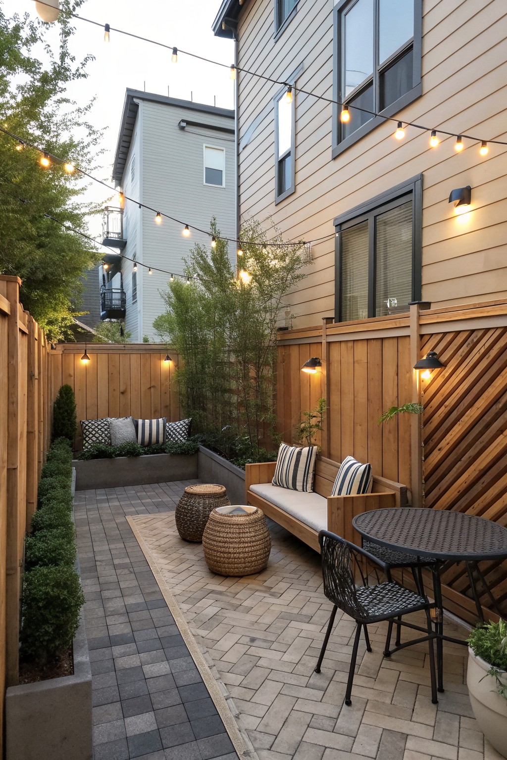 Cozy courtyard patio with string lights, wooden bench, round table, and woven stools.