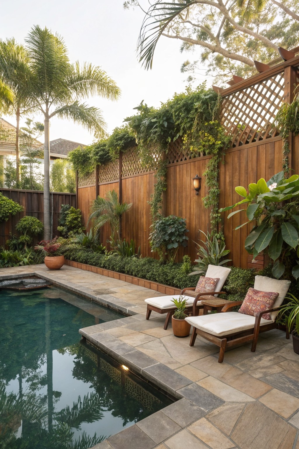A rectangular backyard pool with stone coping, two wooden lounge chairs on the patio, and a tall cedar privacy fence covered in green vines and foliage.