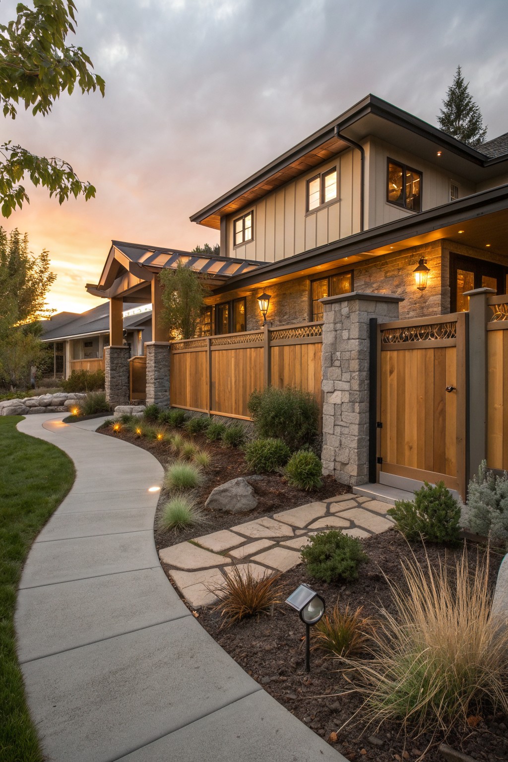 A modern house exterior with a tall cedar privacy fence supported by stone pillars, a curving concrete path, and landscaped garden beds at dusk.
