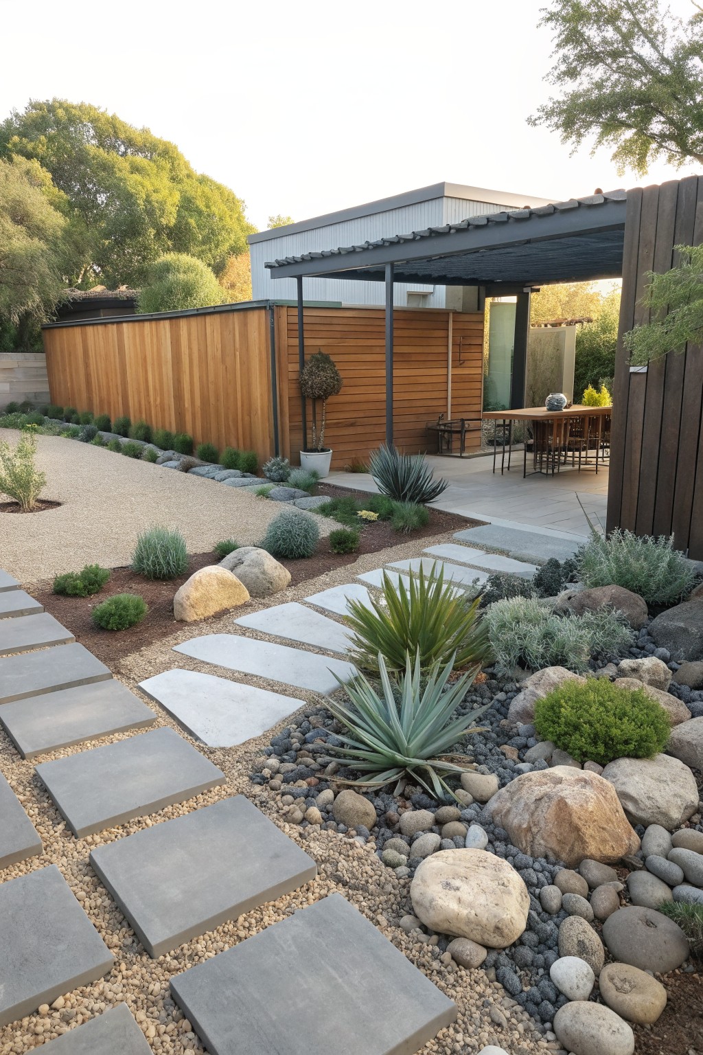A modern backyard showing horizontal cedar fencing along gravel paths with large rocks, stepping stones, and drought-tolerant plants.