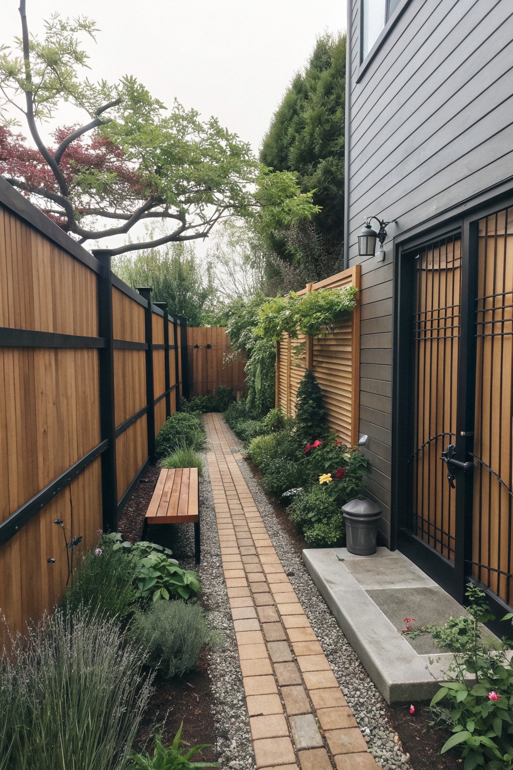 Narrow brick path between wooden fence, bench, and gray house with garden plants.
